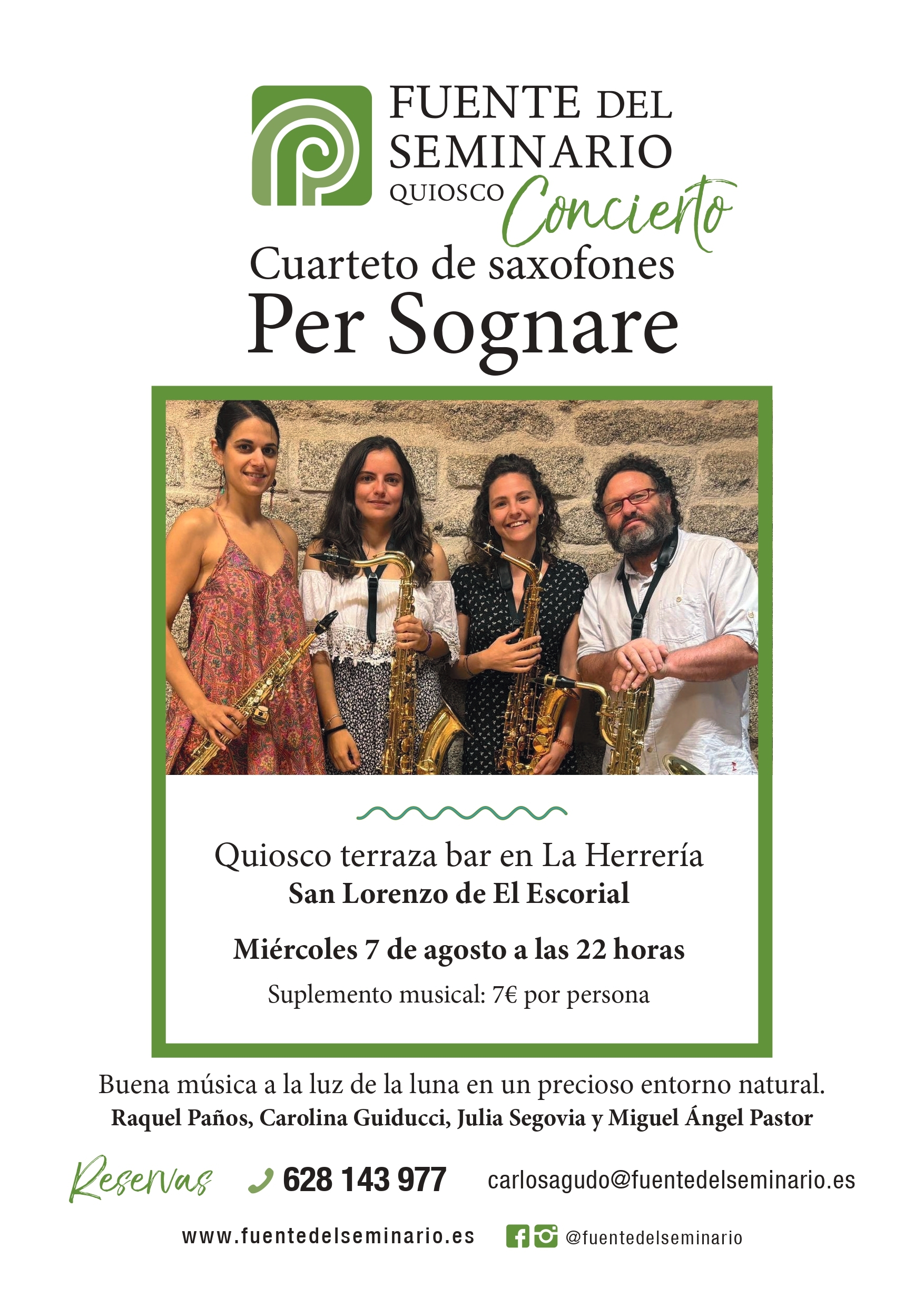 PER SOGNARE, CUARTETO DE SAXOFONES,  ACTUARÁN EL MIÉRCOLES 7 DE AGOSTO A LAS 22h.